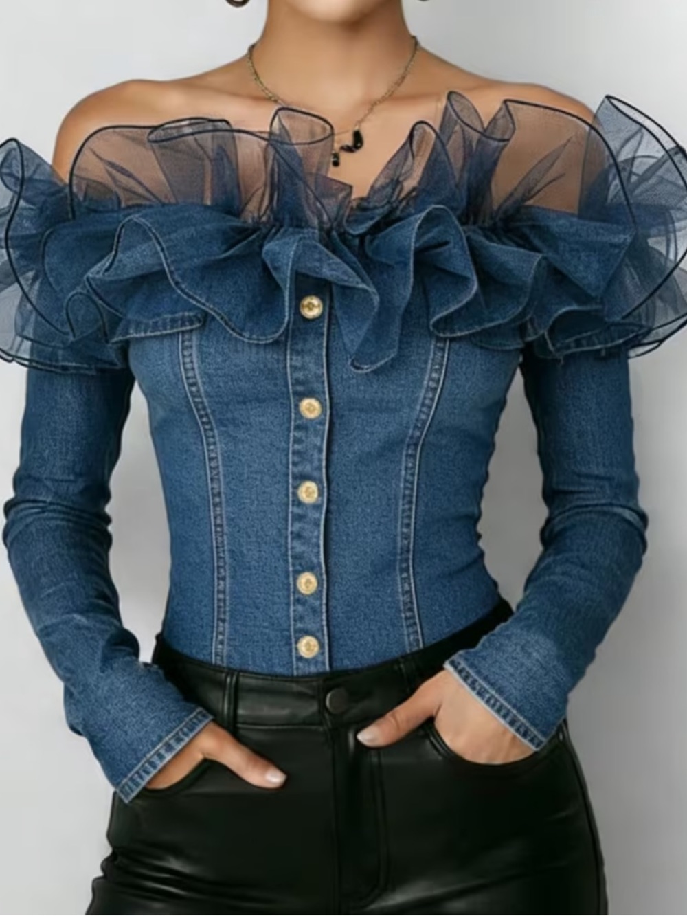 Women'S Off The Shoulder Denim Blouse Dramatic Tulle Ruffle Trim Long Sleeve